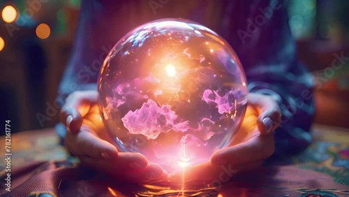 Magician or fortune teller with crystal ball looks into the future. Female fortune teller holding a magic crystal ball witch calling spirits to talk. Spiritual magic lights. Fortune teller 4k. photo