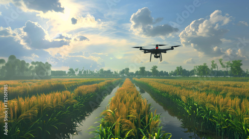 An aerial drone hovers over a rice field with water channels, capturing the lush agricultural landscape under a cloudy sky. photo