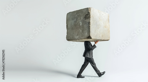Businessman in suit holding a large cube stone while walking on isolated light pastel grey background
