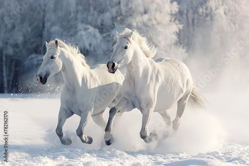 Two white horses galloping together on a snow-covered field on a background of a winter forest