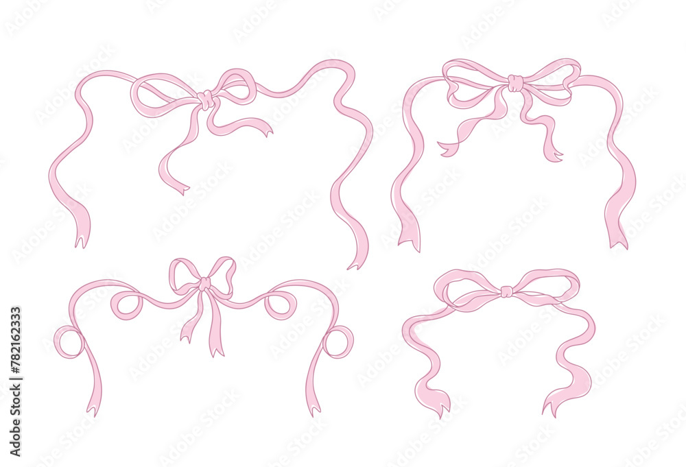 Cute coquette pink ribbon bow vector, soft girl bow clip art vector. Hand drawn pink ribbon bow line art - obrazy, fototapety, plakaty 