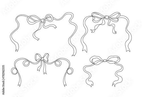 Cute coquette ribbon bow vector, soft girl bow clip art vector. Hand drawn pink ribbon bow line art