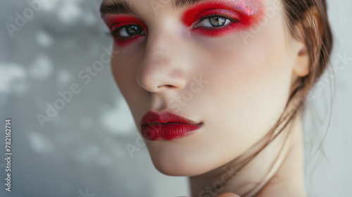 Mulher com maquiagem vermelha nos olhos e boca, Conceito de moda photo