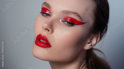 Mulher com maquiagem vermelha nos olhos e boca, Conceito de moda