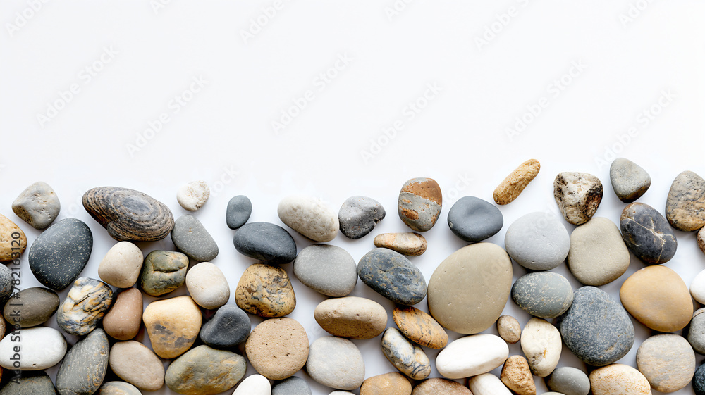 Border of beach pebbles on a white background with room for text Border of beach pebbles on a white background with room for text