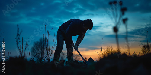 Silhouette of a Man Digging at Dusk - Mystic Evening Outdoor Activity © smth.design