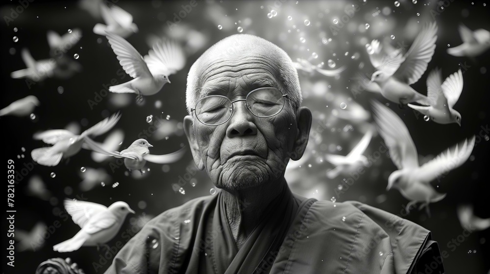 Monk and birds
