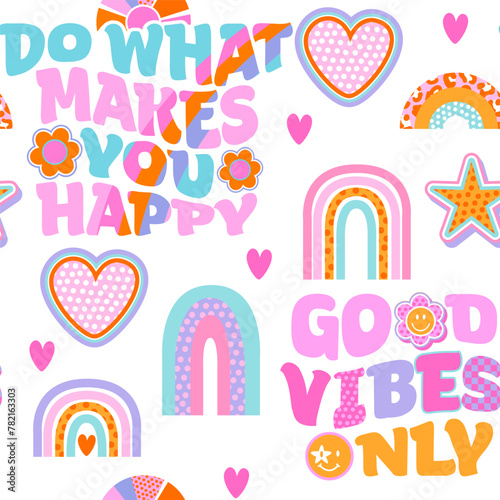 Abstract seamless groovy pattern with retro elements, words, quotes, sun, rainbow stickers. Funny texture background. Wallpaper cool teen style