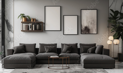 mock up poster frame in modern interior, living room, Luxurious apartment style, 3D render, 3D illustration © Renzoart