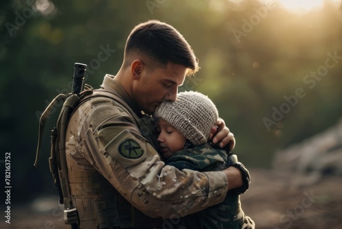 A soldier hugs his son
