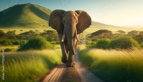 A majestic African elephant walking on a dirt road within a lush savannah. Tall grass lines the road photo
