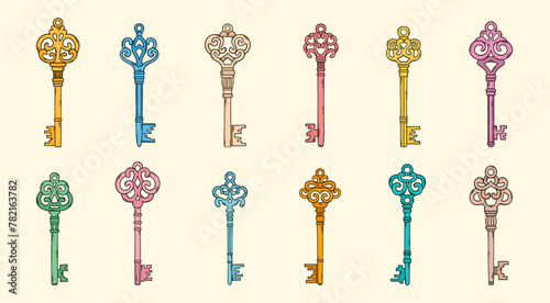 Key doodle set. House key doodle. Antigue keys sketch. Modern trendy doodles. House keys, home rental, secret door, safe, jewelry box, real estate.