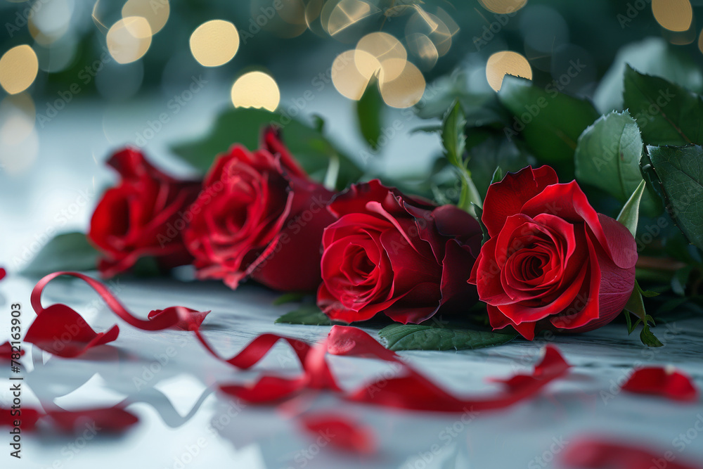 Romantic Red Roses and Petals with Soft Bokeh Lights Romantic Red Roses and Petals with Soft Bokeh Lights