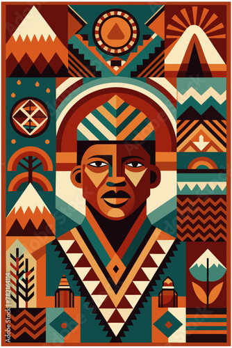 Ethnic poster with african pattern and pride man's face for black history month or juneteenth. Stylized african man with traditional clothing cultural diversity in modern african poster
