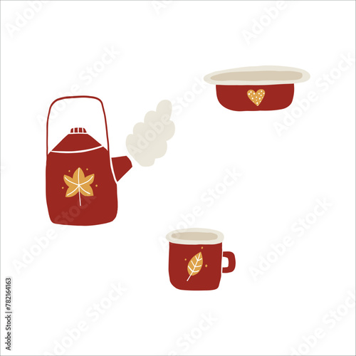 Vector Set of cute dishes. Hand drawn, kettle, teapot, mug, bowl, plate, cup cliparts. For thematic designs, stickers, patterns. Autumn vintage illustration isolated on white background