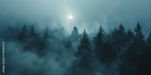 Misty Forest Landscape at Dawn with Rising Sun