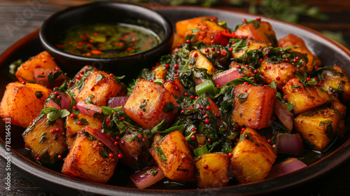 Indian Street Food - Aloo Chaat with Mint Chutney and Tamarind Sauce photo