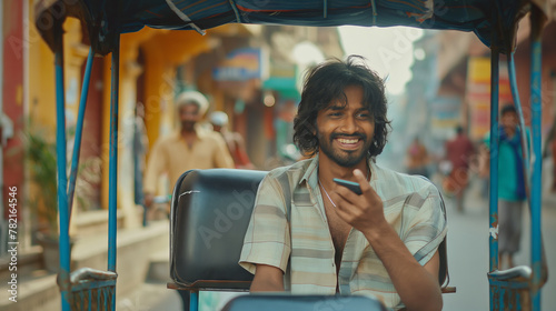 Indian rickshaw puller smiling, talking on phone in busy street photo
