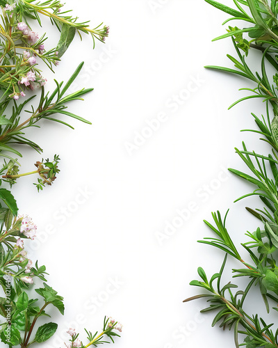 Border of rosemary and other green herbs on a white background with room for text