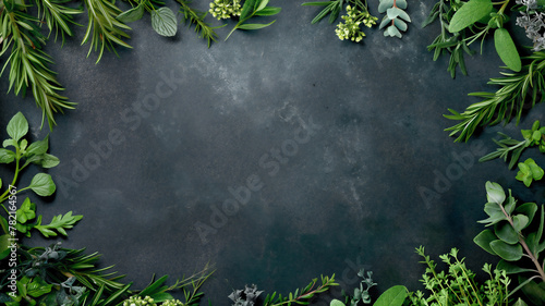 Border of rosemary and other green herbs on a charcoal slate background with room for text