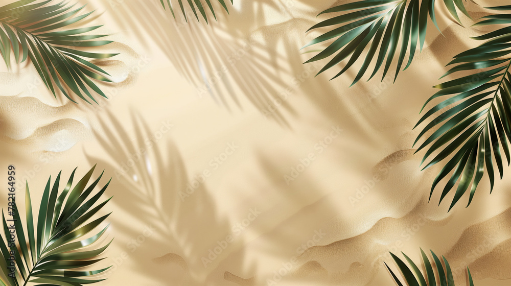 Tropical palm leaves casting shadows on a sandy beach texture background - obrazy, fototapety, plakaty 