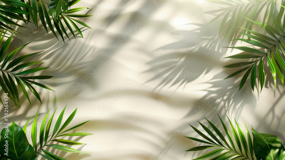 Tropical palm leaves casting shadows on a sandy beige background with sunlight.