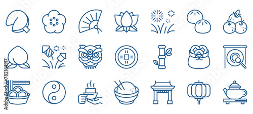 Eastern Traditions and Festivities Icon Set: Chinese and Taiwanese Elements. Dragon Mask, Lotus Flowers, Fireworks, Plum Blossoms, Mandarin Oranges, Tea Ceremony, Paper Lanterns, Gold Coins, Noodles. 