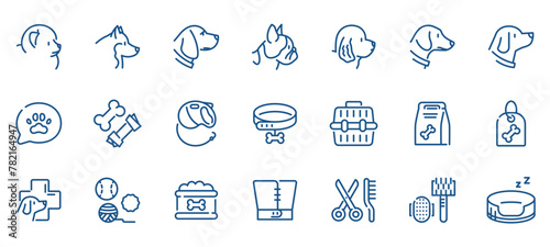 Dog Care Essentials Icon Set. Simple Linear Symbols for Pet Wellness, Nutrition, and Grooming.