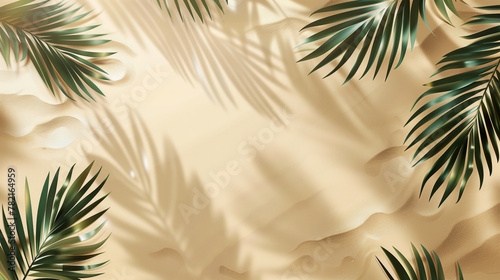 Tropical palm leaves casting shadows on a sandy beach texture background