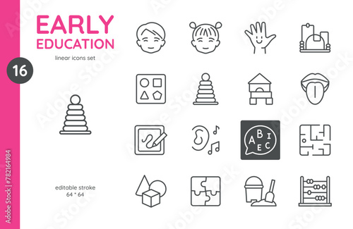 Early Childhood Education Icon Set: Development and Learning Activities for Kids. Building Blocks, Puzzles, Drawing, Music, Logic Games, Spatial Challenges. Editable Vector Icons for Smart Child Games