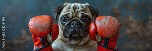 Adorable Pug Dog Ready to Box with Red Gloves photo