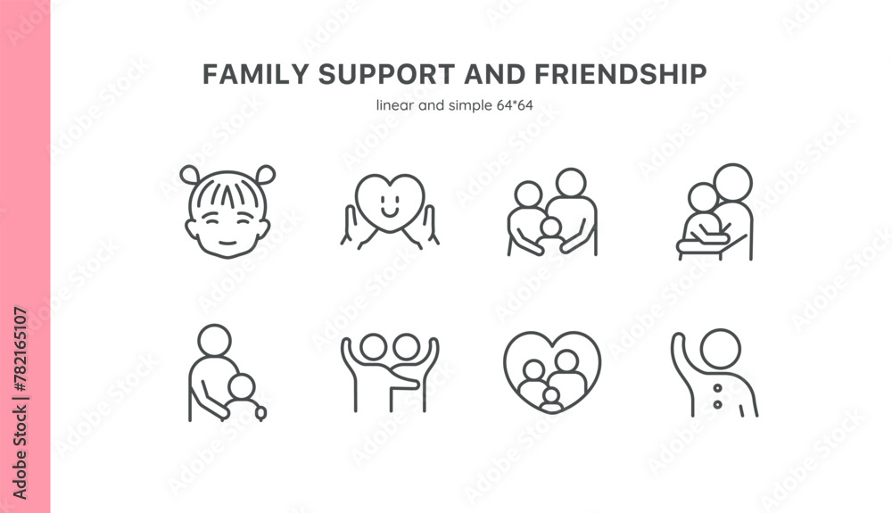 Family Support and Care Icon Set: Parent and Child Interactions. Features Mother, Father, and Children in Scenes of Hugs, Conversations, and Emotional Comfort. Editable Linear Vector Symbols.