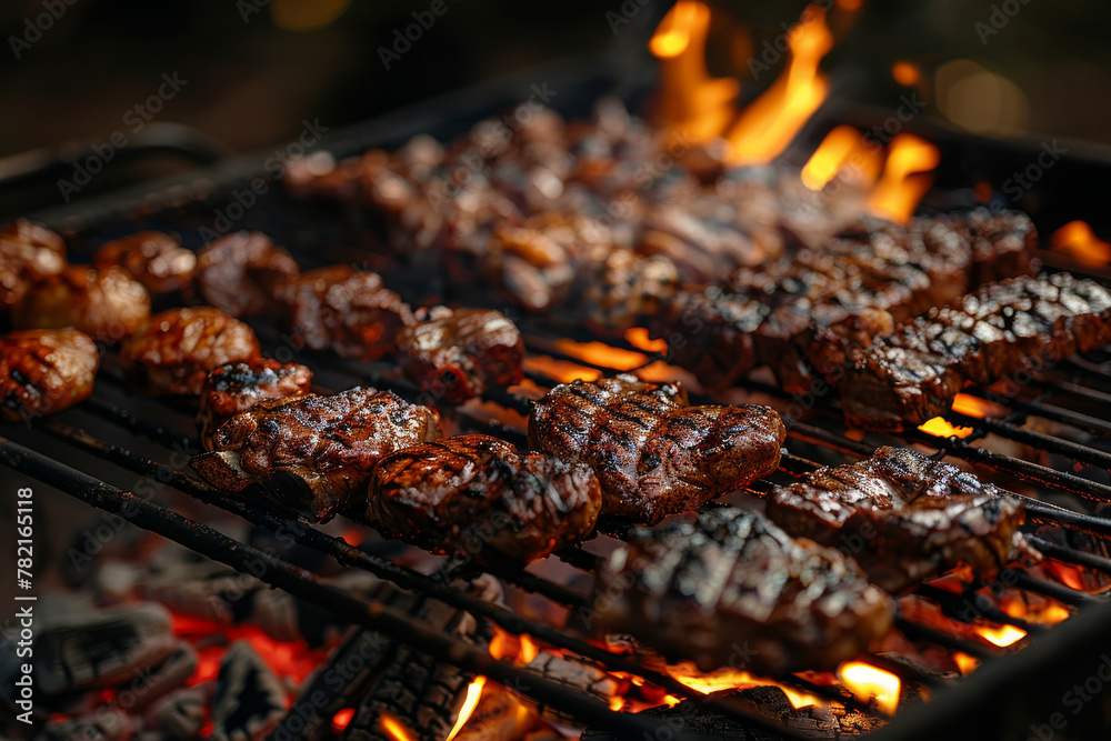 Juicy Steaks and Skewered Meat Sizzling on a Flaming Grill