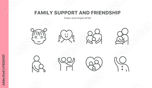 Family Support and Care Icon Set: Parent and Child Interactions. Features Mother, Father, and Children in Scenes of Hugs, Conversations, and Emotional Comfort. Editable Linear Vector Symbols.