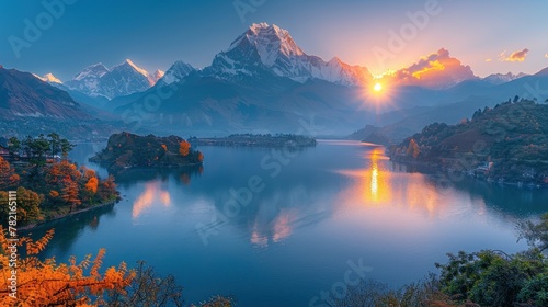 Capture captivating vistas of Nepal's pristine mountains, radiant sunsets, and tranquil lakes. photo