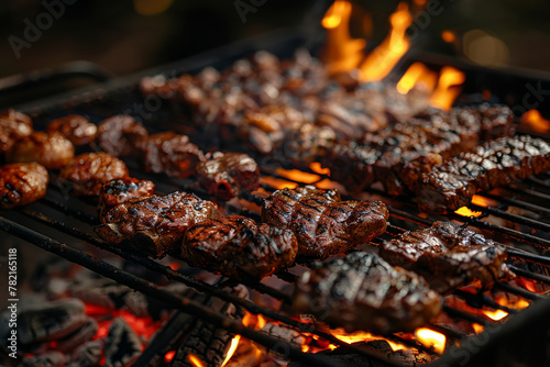 Juicy Steaks and Skewered Meat Sizzling on a Flaming Grill
