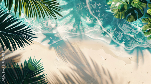 Tropical beach scene with clear blue water and palm leaves casting shadows on sand