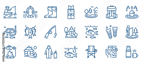 Fishing Icon Set. Collection of Vector Line Icons Representing Outdoor Angling Activities and Fisherman Gear.