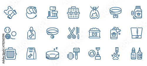 Pet Care and Accessories Icon Set: Essentials for Dogs and Cats. Features Toys, Food, Grooming Tools, Vet Supplies, and Medications. Editable Icons for Pet Shops, Veterinary Care, and Animal Hygiene.