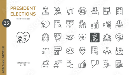 Set of Icons - President Elections. Voting Ballots, Vote Badges, Public Speech and Debates, Voting, Activists, Support to Candidate and more. Line Art Icons Collection with Editable Stroke.