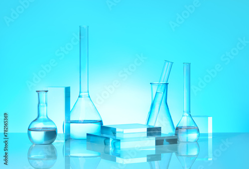 Product presentation mockup scene made with glass chemistry tubes in the laboratory with empty glass podium.