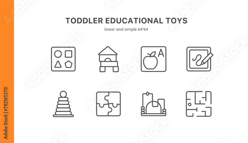 Toddler Education and Development Icon Set: Early Learning and Motor Skills. Features Alphabet Blocks, Wooden Toys, Shape Sorting, and Mazes. Editable Vector Icons for Child Smart Development.