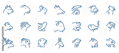 Wild Animals Outline Icons Set. Linear Symbols of Animals for Web Design - mammal, bird, reptile, amphibian, hedgehog, wolf, llama, frog, elk, donkey, rat, chameleon.