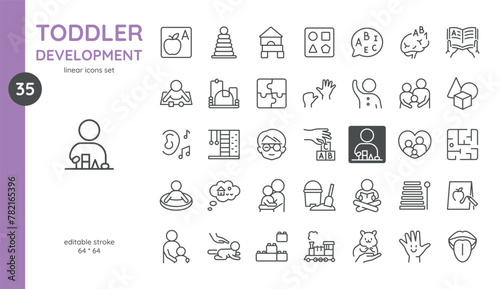 Toddler Development Icons Set. Editable Stroke 64x64 Linear Vector for Parenting, Early Learning and Child Growth.