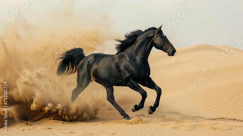 A black horse gallops across the sand.
