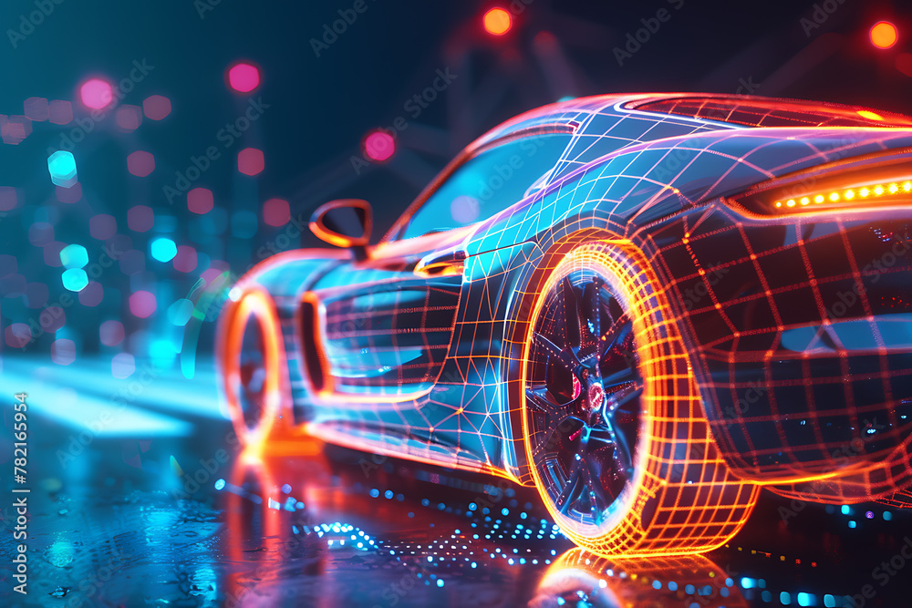 An eye-catching wireframe visualization with a glowing translucent background, featuring a sleek and modern car design.