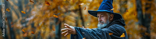 Enchanting Wizard Casting Autumn Leaves Spell in Mystic Forest