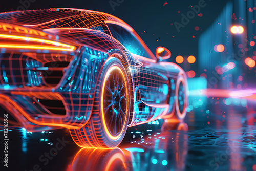 An eye-catching wireframe visualization with a glowing translucent background  featuring a sleek and modern car design.