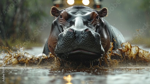 an intimidating male hippo attacking a car in africa, capturing the power and aggression of this wild mammal, offering a dramatic scene of african wildlife and nature's raw force