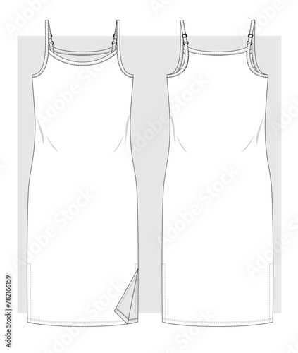 Jersey sundress with thin straps technical sketch. Vector illustration.